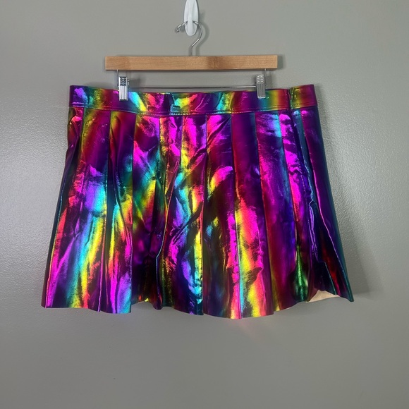 Rainbow Metallic Skirt Wild Cat pleated mini size 2X rainbowcore circle skater - Picture 7 of 10